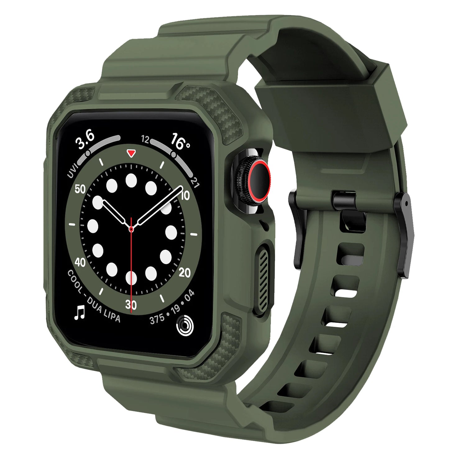 Apple Watch with rugged waterproof TPU strap in olive green, designed for durability and active lifestyles.