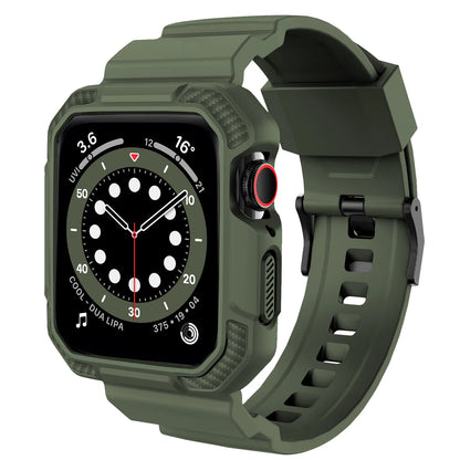 Apple Watch with rugged waterproof TPU strap in olive green, designed for durability and active lifestyles.