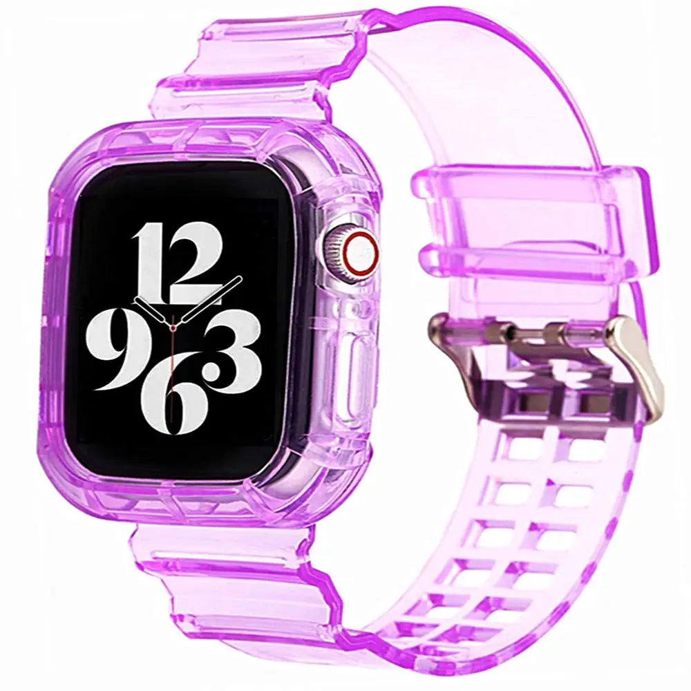Apple Watch with a transparent purple silicone strap, combining comfort and style for everyday wear.