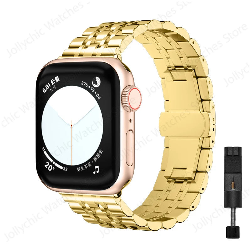 Multi-Row Stainless Steel Apple Watch Bracelet Band in Gold - With Tool
