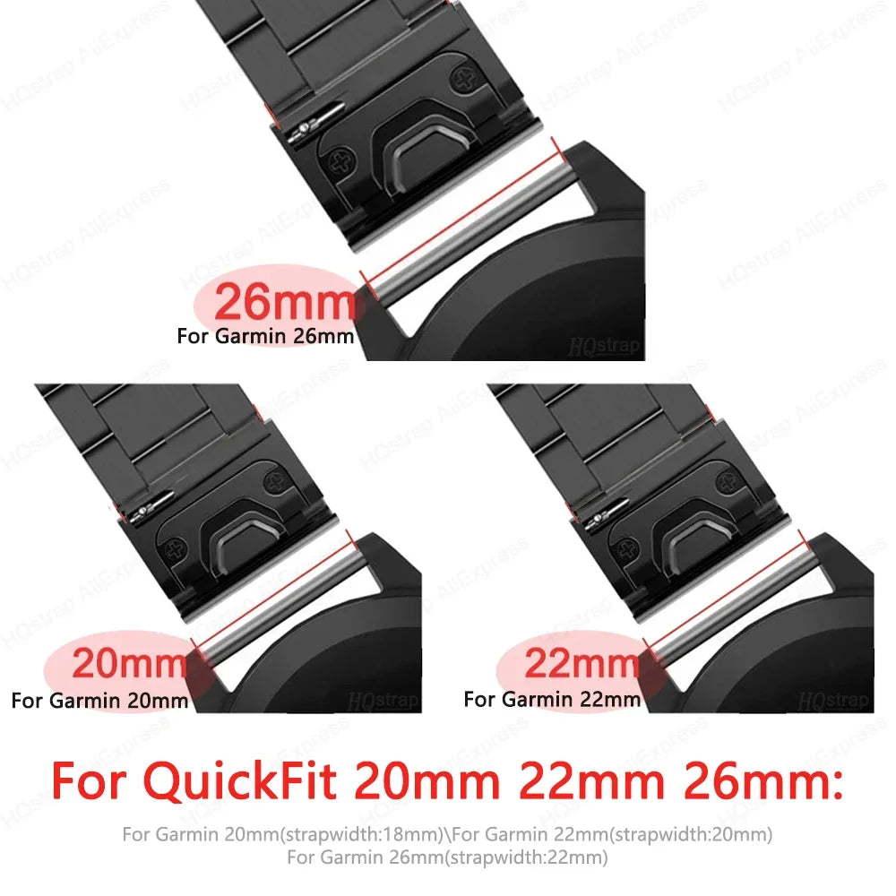 Garmin QuickFit strap dimensions showing 20mm, 22mm, and 26mm options for smartwatch replacement bands.