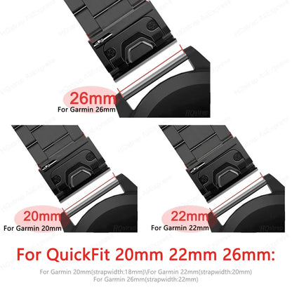 Garmin QuickFit strap dimensions showing 20mm, 22mm, and 26mm options for smartwatch replacement bands.