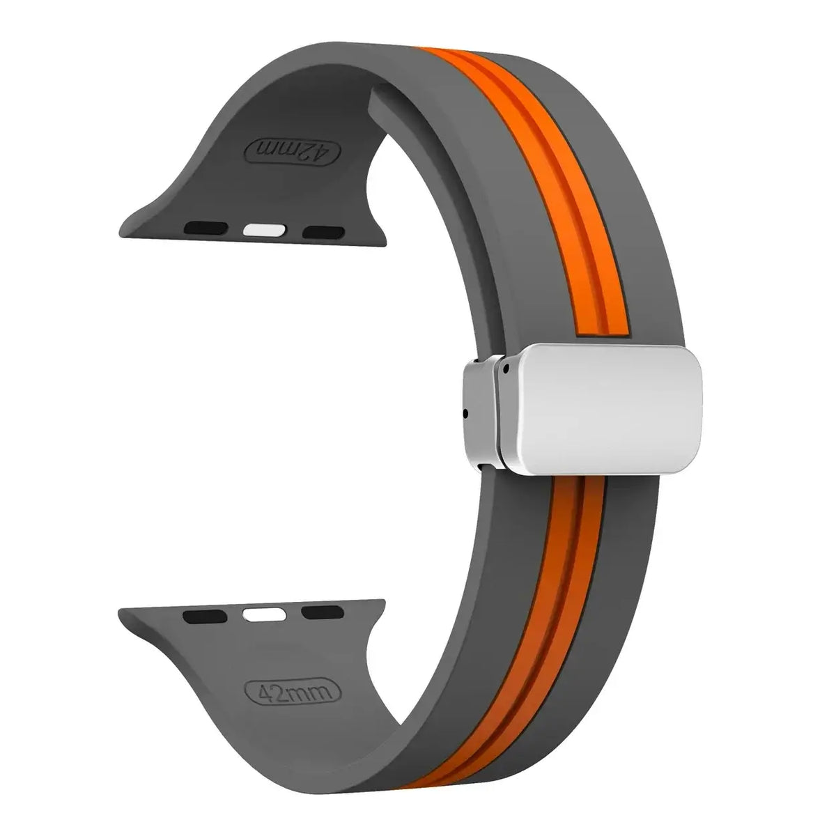 Gray / Orange - Silver Clasp striped silicone Apple Watch band with magnetic clasp
