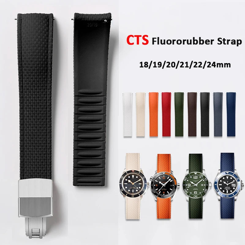 Garmin Curved-End FKM Rubber Band in black with folding clasp and color options
