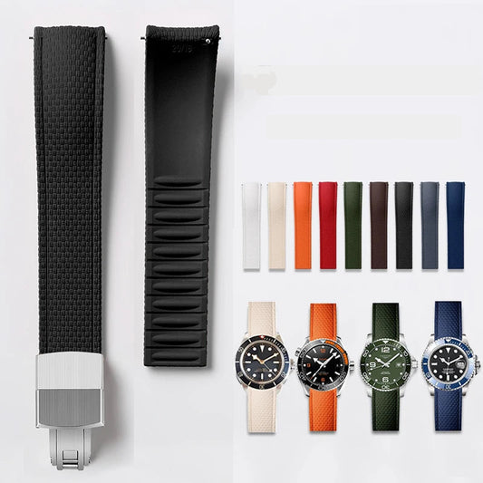 Curved-End FKM Rubber Band in black with folding clasp and color options
