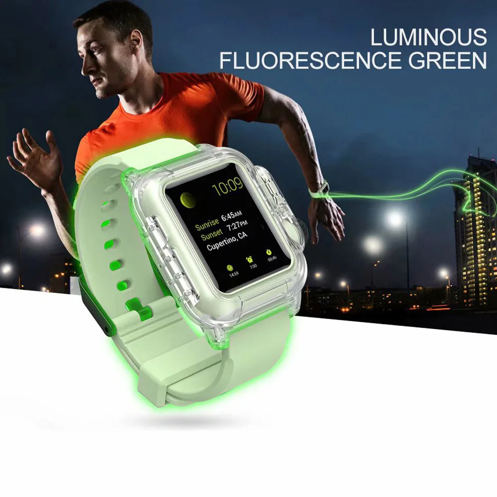 Apple Watch Silicone Strap in luminous fluorescence green, ideal for workouts and waterproof activities, highlighting comfort and style.