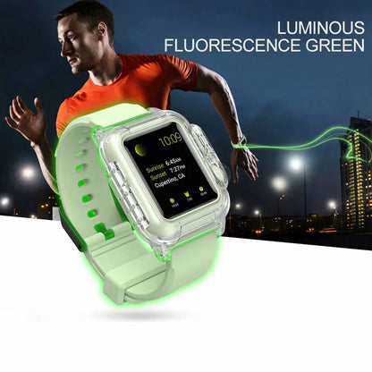 Apple Watch Silicone Strap in luminous fluorescence green, ideal for workouts and waterproof activities, highlighting comfort and style.