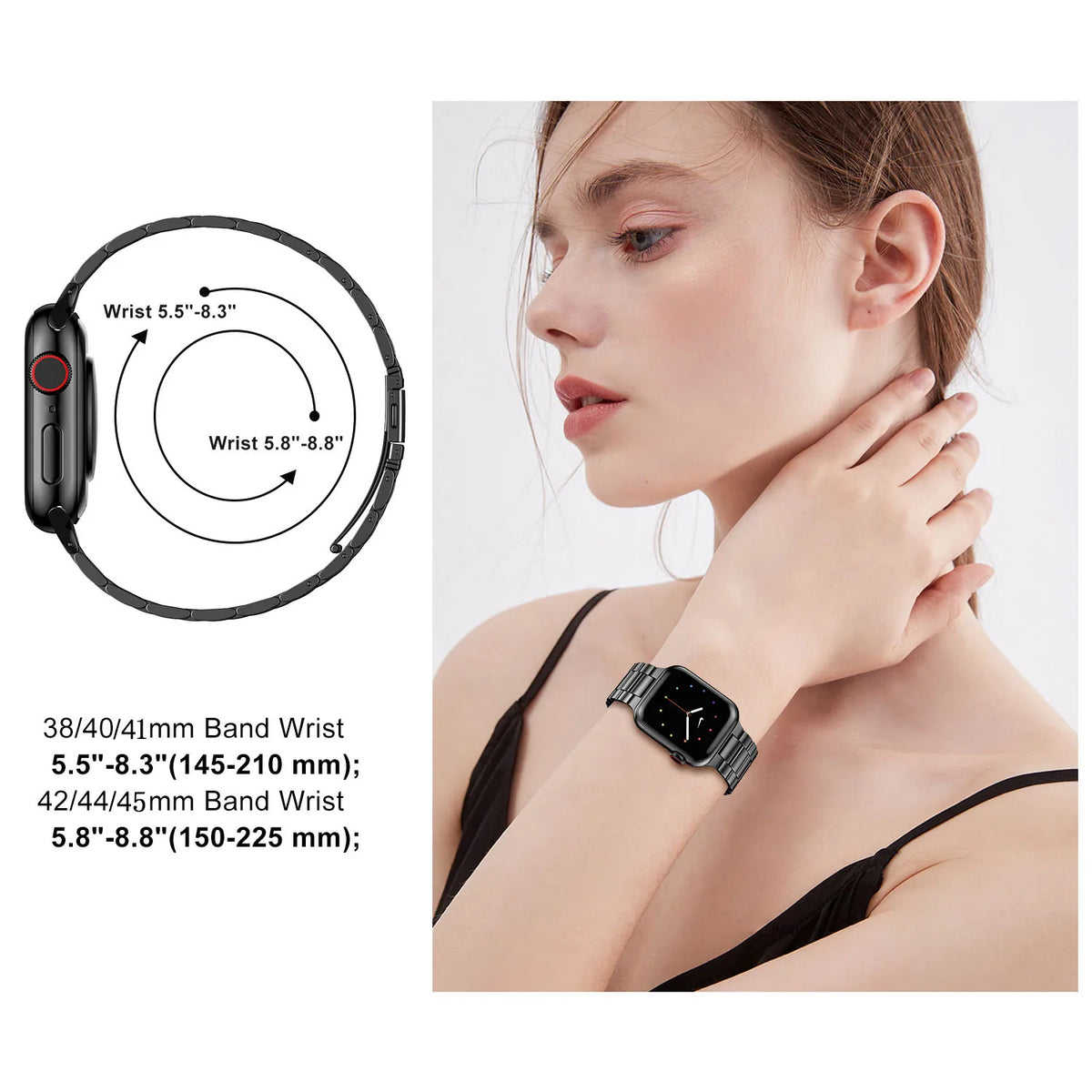 Bracelet worn on a wrist with sizing diagram for Apple Watch