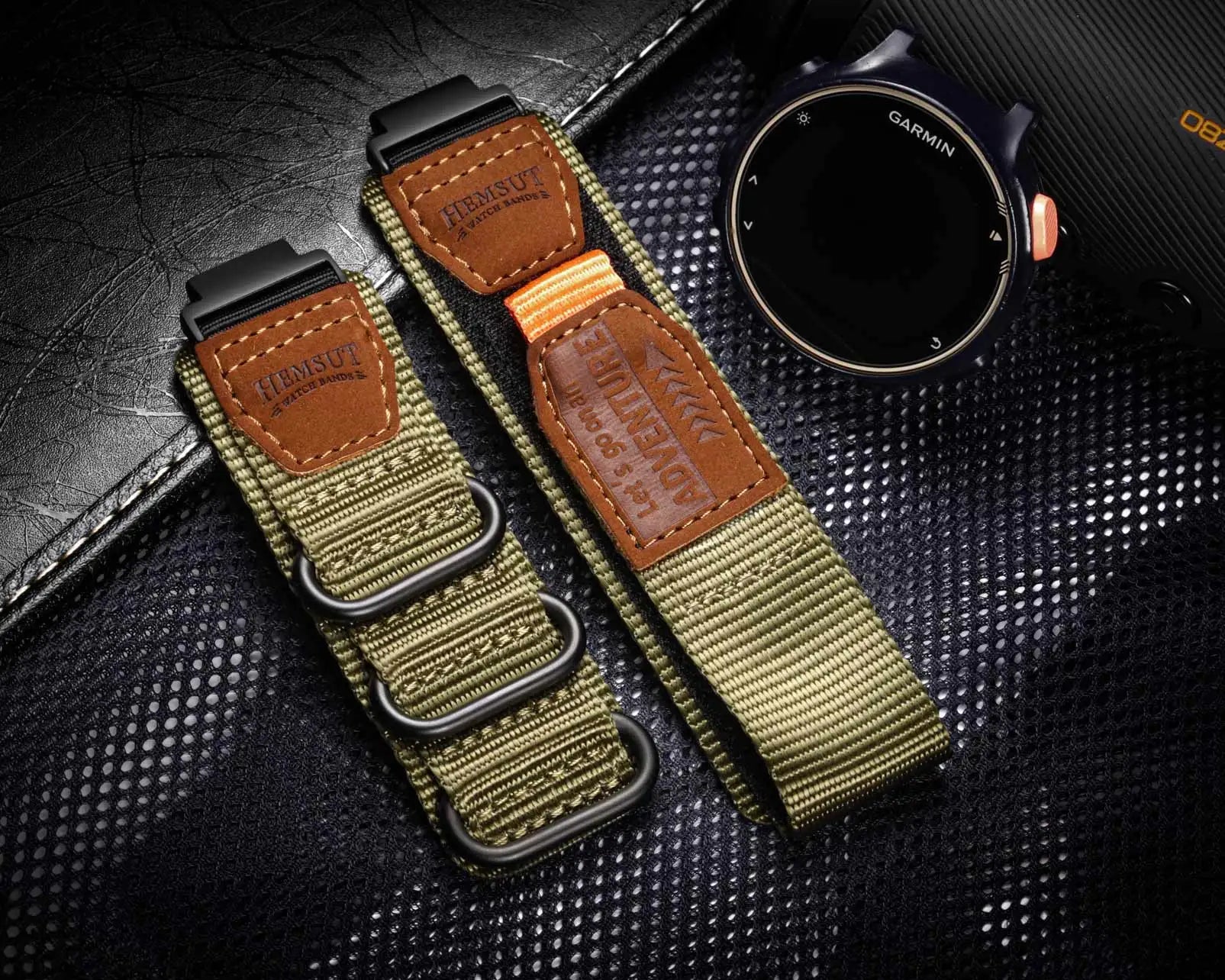 Garmin rugged nylon watch band strap with quickfit design, showcasing durable military style and comfortable fit.