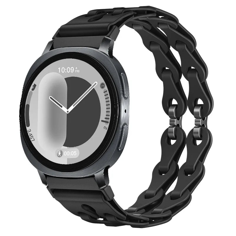 Samsung Galaxy Silicone Chain Watch Band – Watch8/Watch8 Classic/Watch9/Ultra/Ultra2 Multi in black on smartwatch.