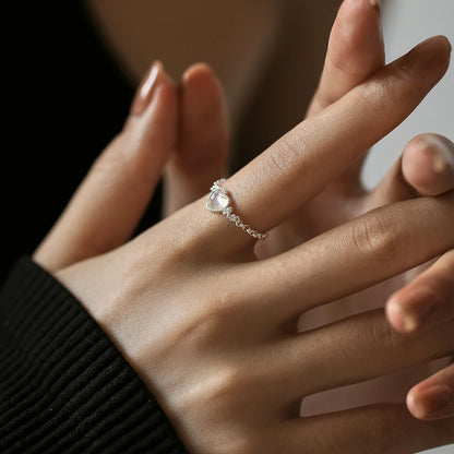 Moonstone heart chain ring, adjustable, 925 sterling silver, photo 3