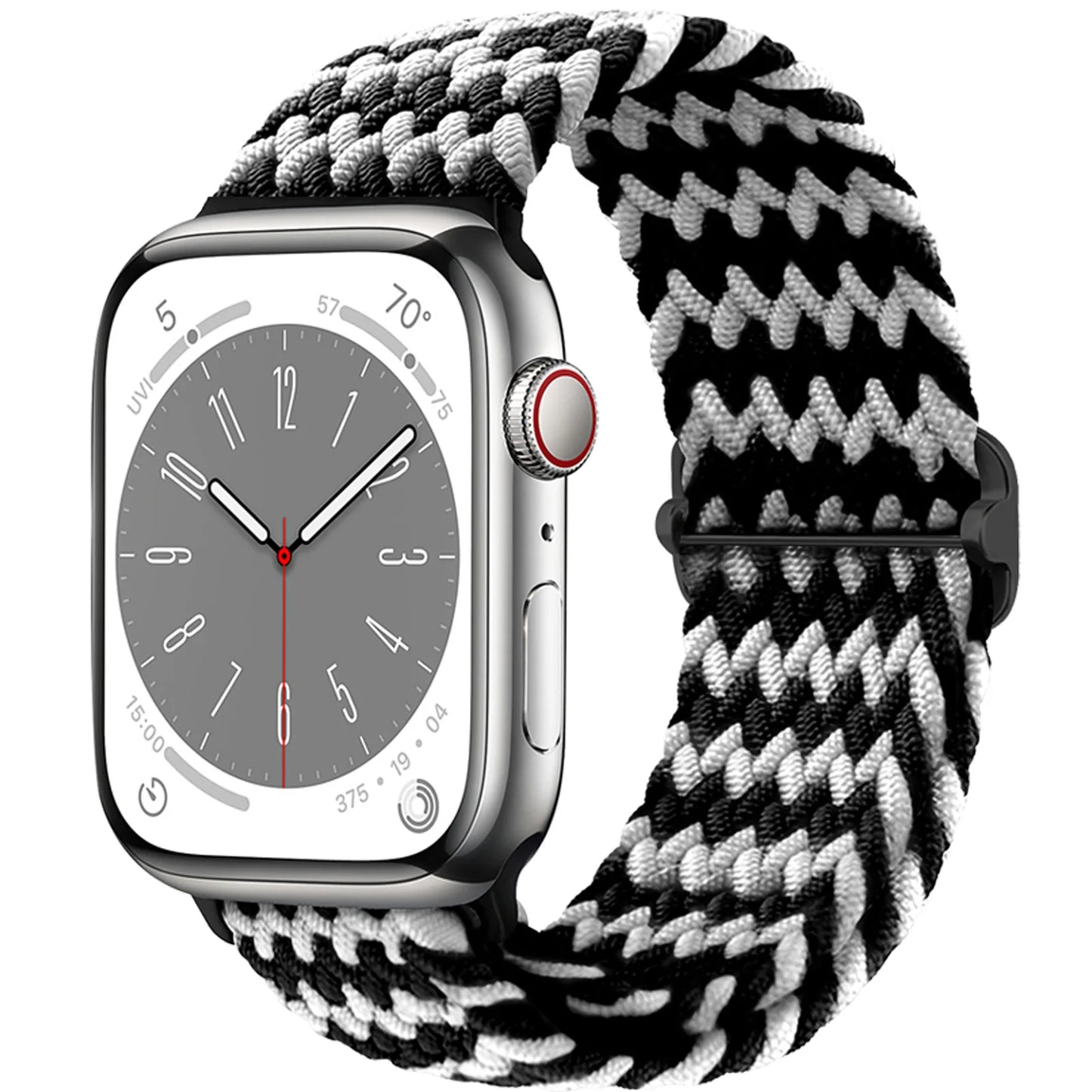 Apple Watch with black and white braided nylon strap, showcasing comfort and style for daily wear.