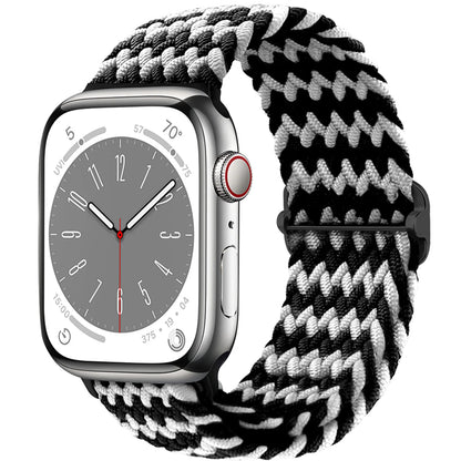 Apple Watch with black and white braided nylon strap, showcasing comfort and style for daily wear.