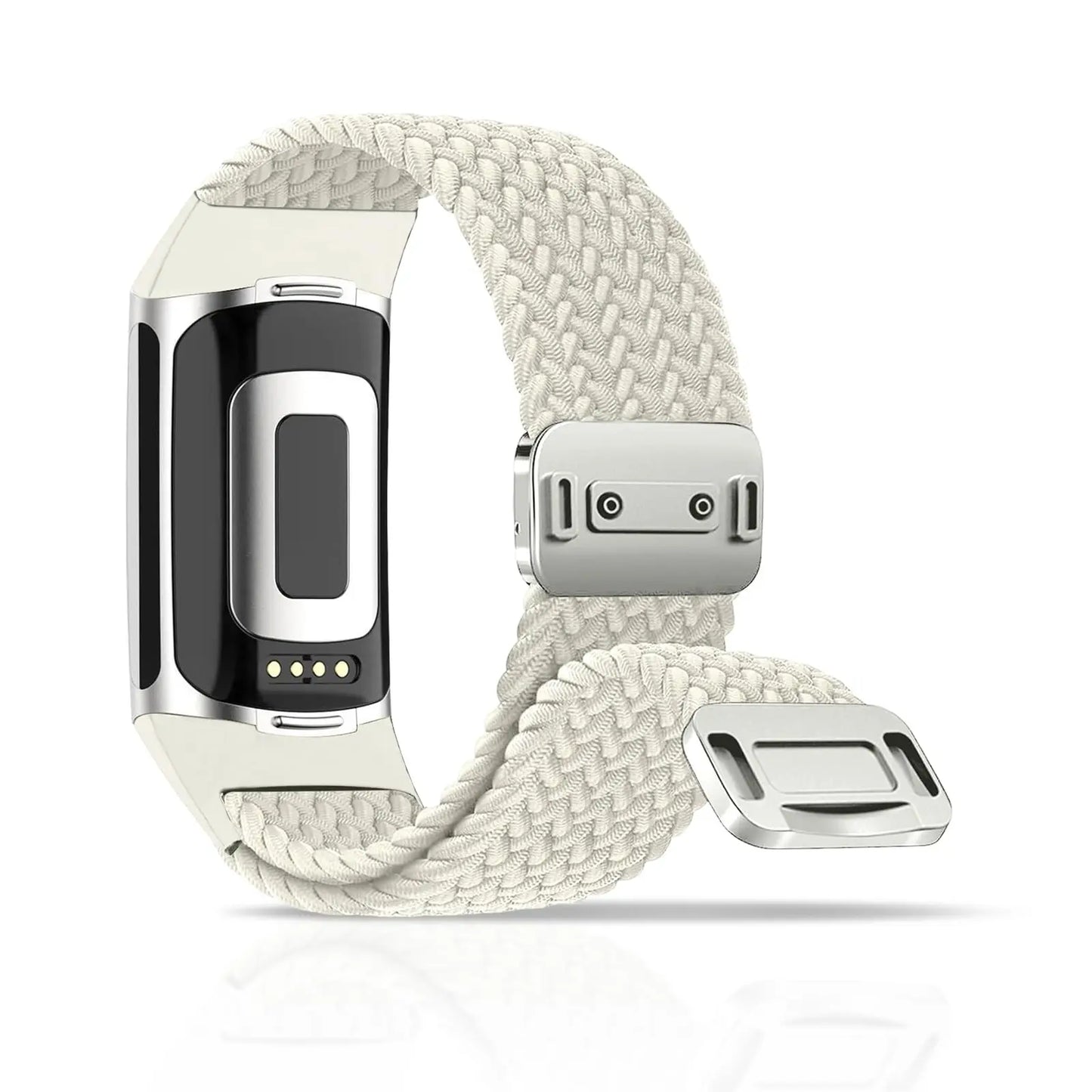 Fitbit Charge 5 6 braided band in light color with magnetic buckle, perfect for smartwatch comfort and style.