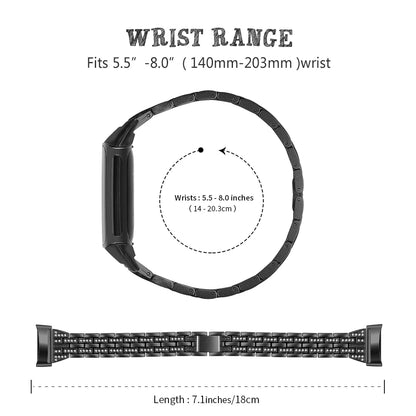 Fitbit Charge 5 metal band with wrist range fitting 5.5" to 8.0" for customized comfort.