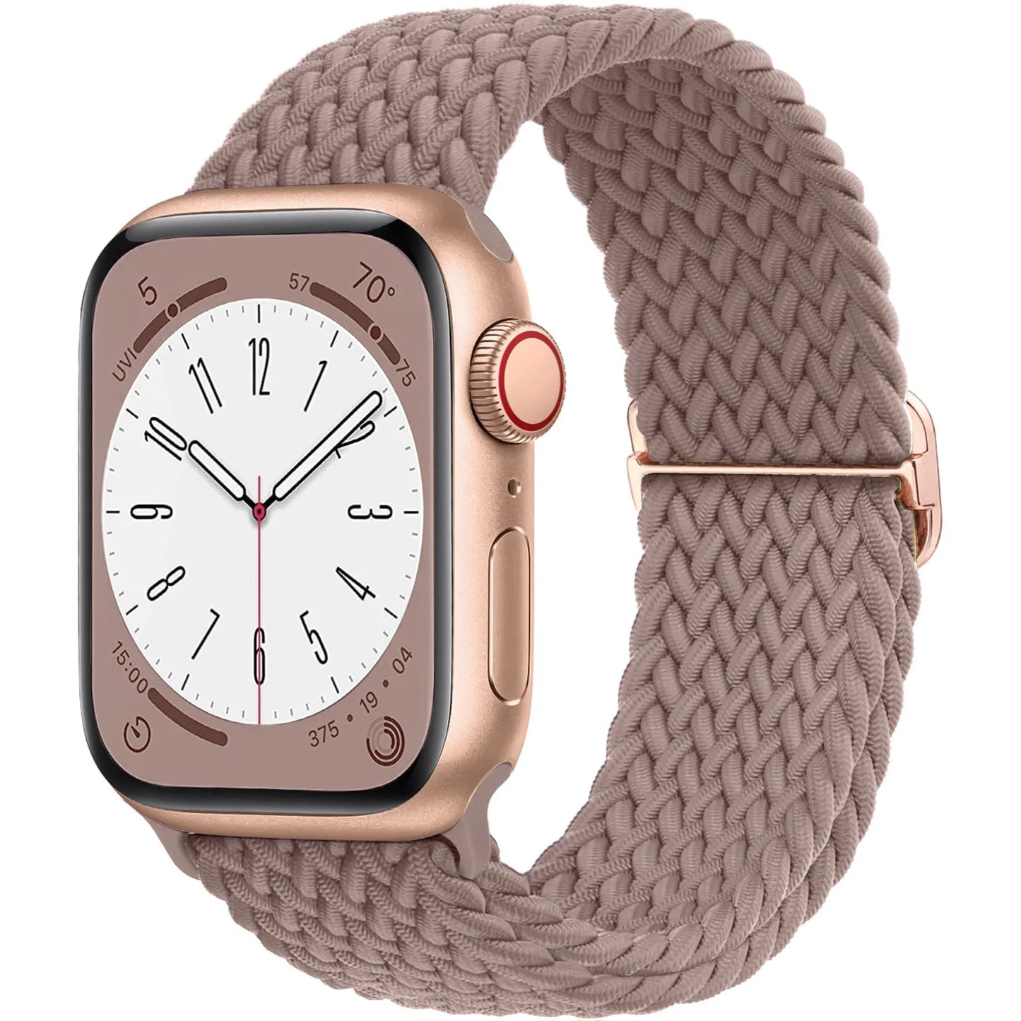 Apple Watch with braided soft elastic nylon strap in beige, showcasing comfort and style for daily wear.
