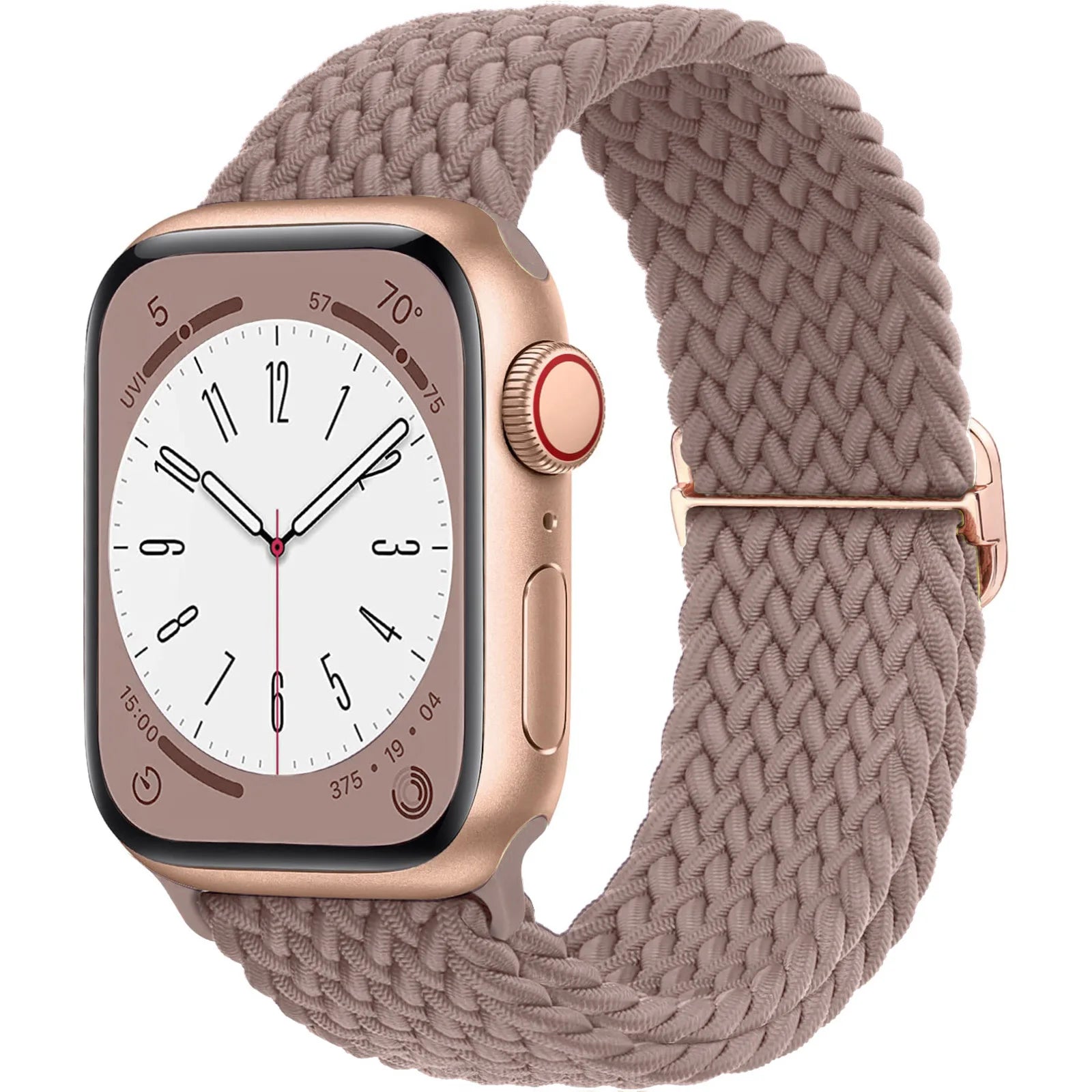 Apple Watch with braided soft elastic nylon strap in beige, showcasing comfort and style for daily wear.