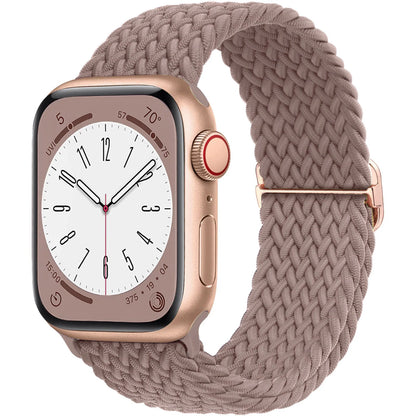 Apple Watch with braided soft elastic nylon strap in beige, showcasing comfort and style for daily wear.