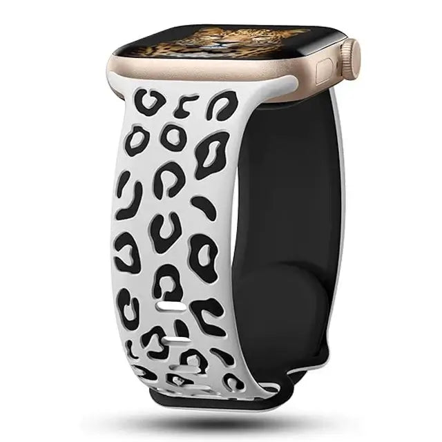 White / Black leopard-pattern silicone Apple Watch band