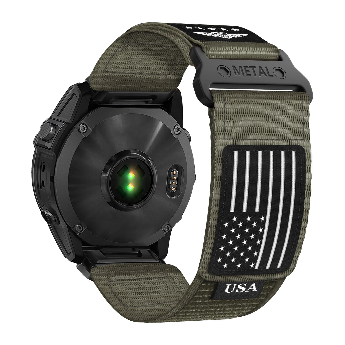 Garmin smartwatch with tactical nylon strap, featuring USA flag and quickfit design for comfort and durability.