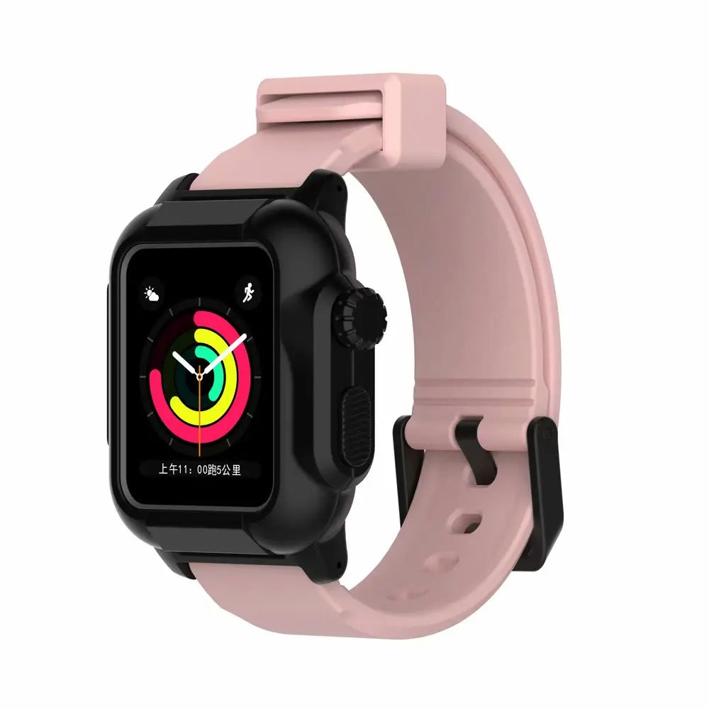 Apple Watch with pink silicone band, featuring waterproof and luminous design for style and functionality.