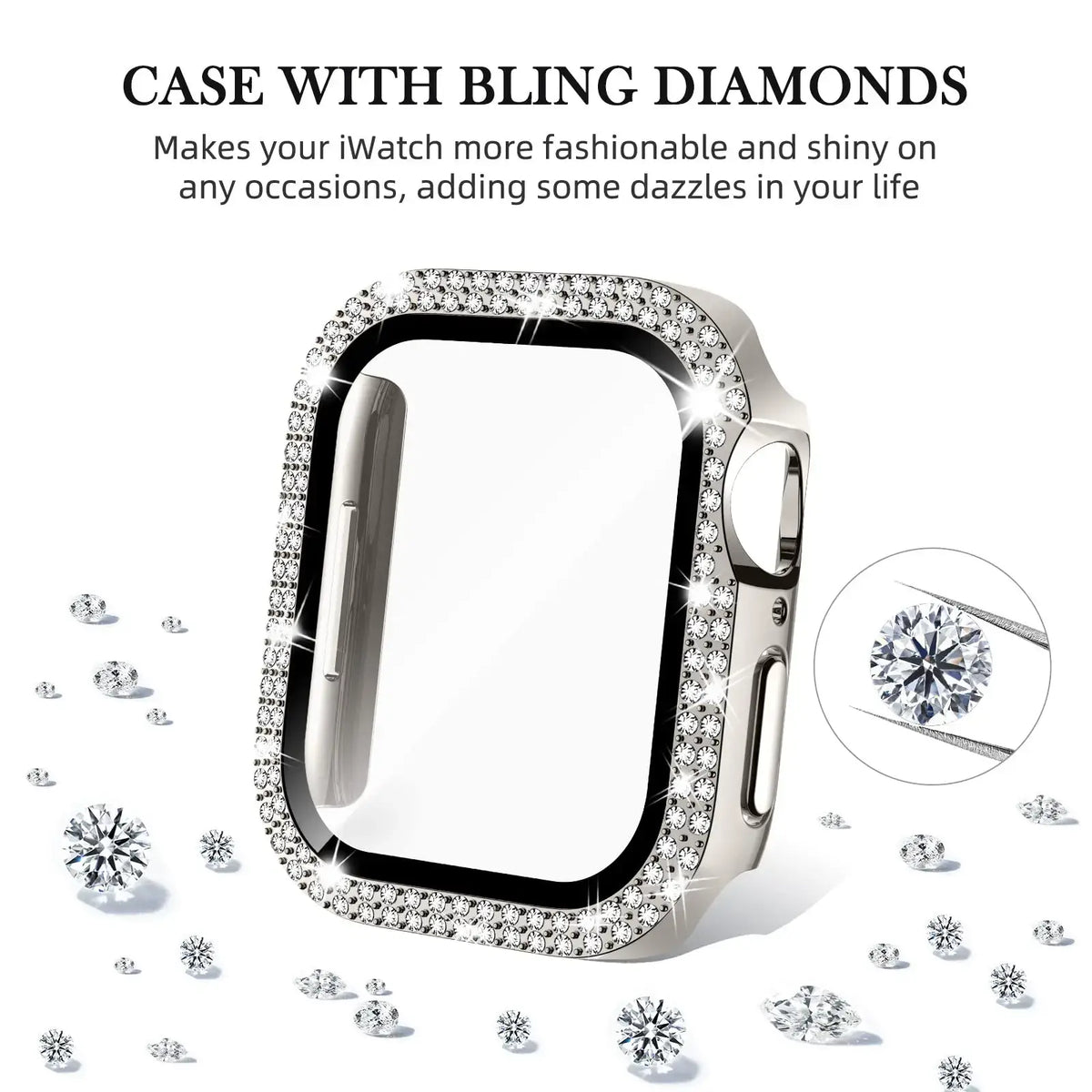 Dazzling diamond case for Apple Watch, enhancing style and shine for any occasion with a fashionable touch.