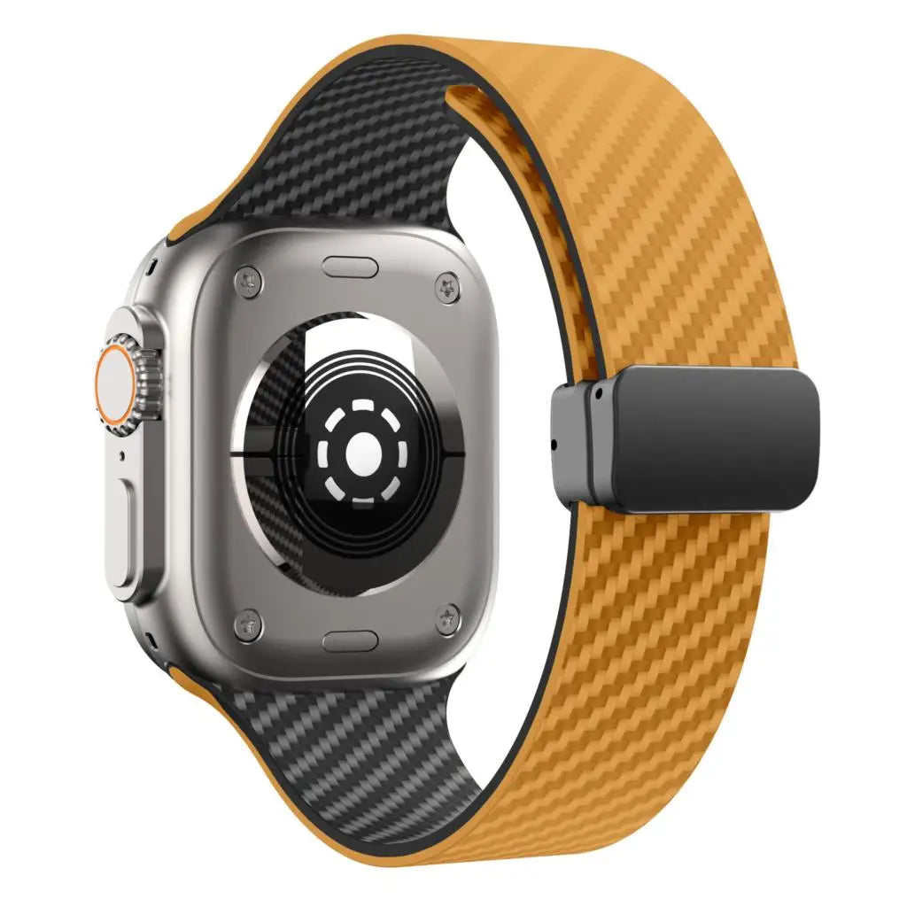 Apple Watch featuring a durable silicone strap with a magnetic buckle in orange and black, designed for comfort and style.