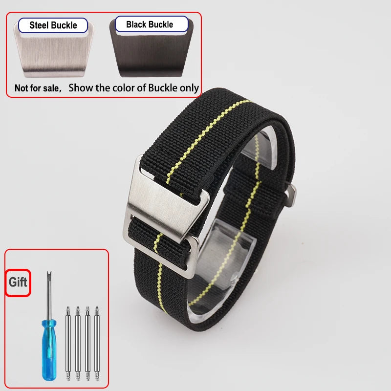 OnePlus Smartwatch Bands Nylon Elastic Parachute Fabric Watch Strap with silver metal buckle and yellow stitching.