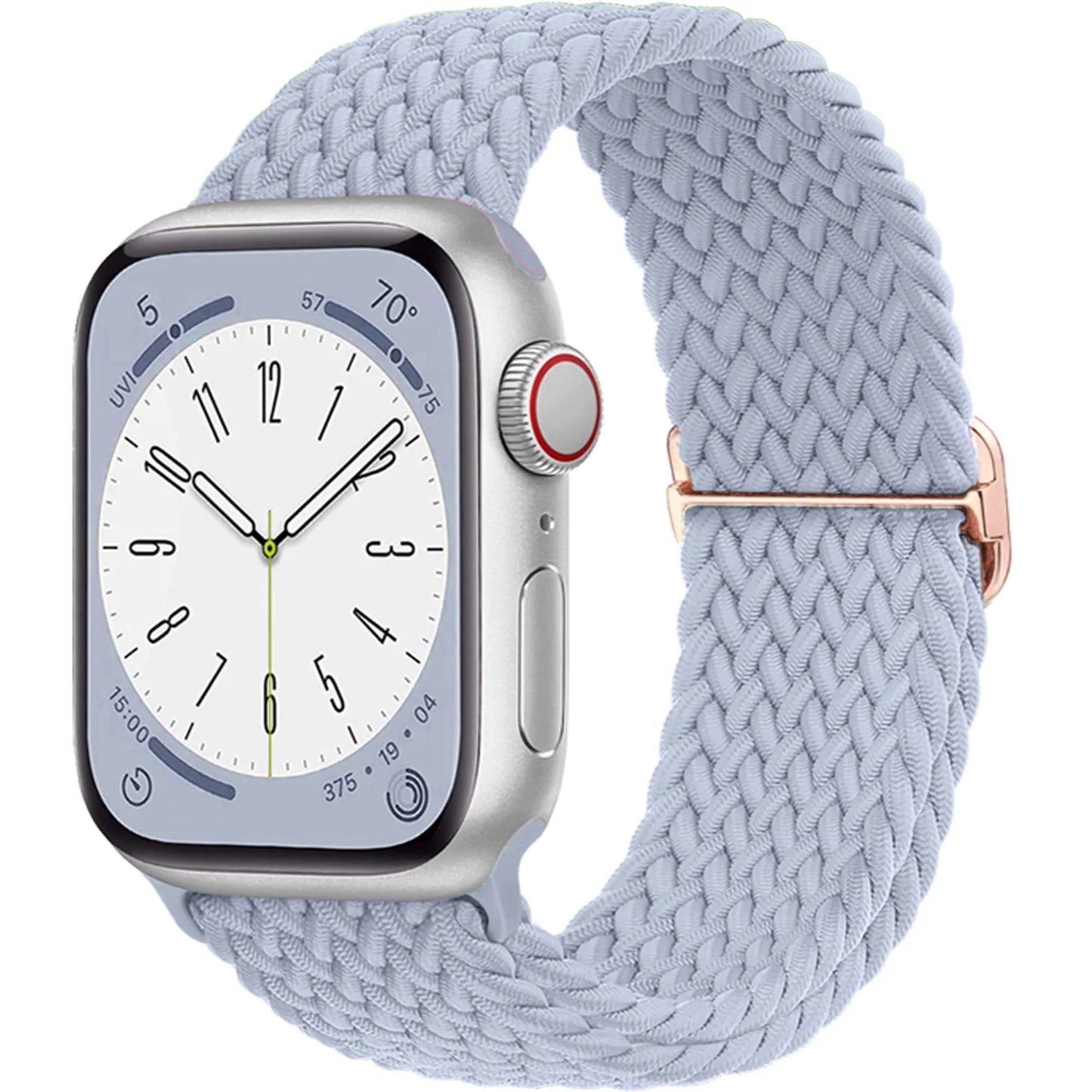 Apple Watch with light blue braided nylon strap, showcasing style and comfort for everyday wear.