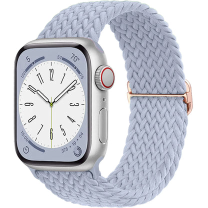 Apple Watch with light blue braided nylon strap, showcasing style and comfort for everyday wear.