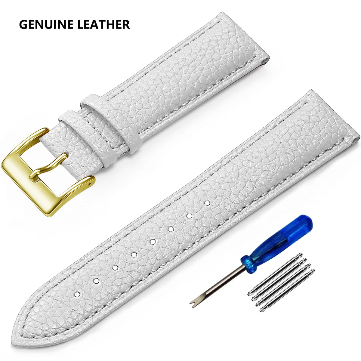 Grained Leather Band in White with Gold Buckle