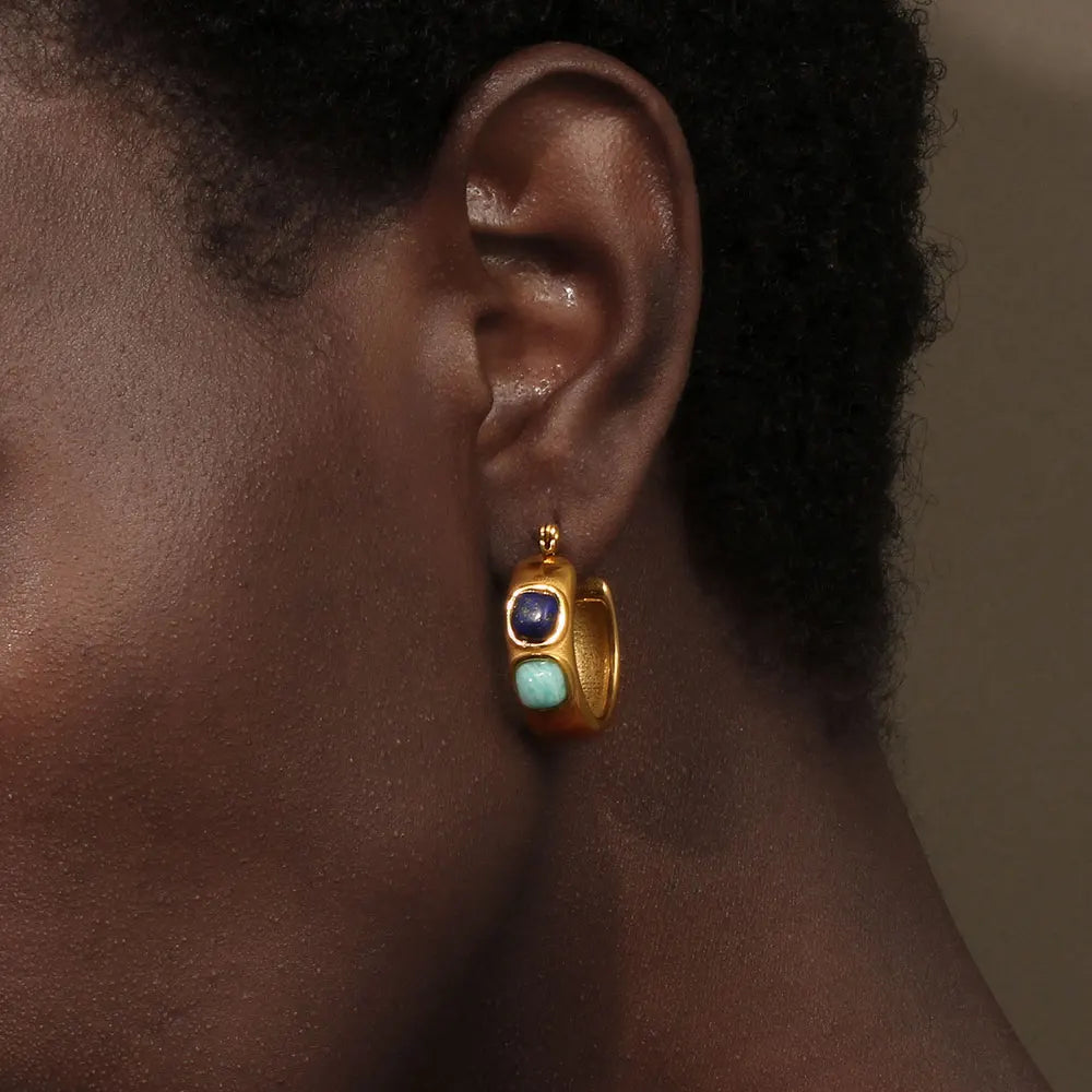 Lapis lazuli and turquoise hoop earrings, gold-tone stainless steel