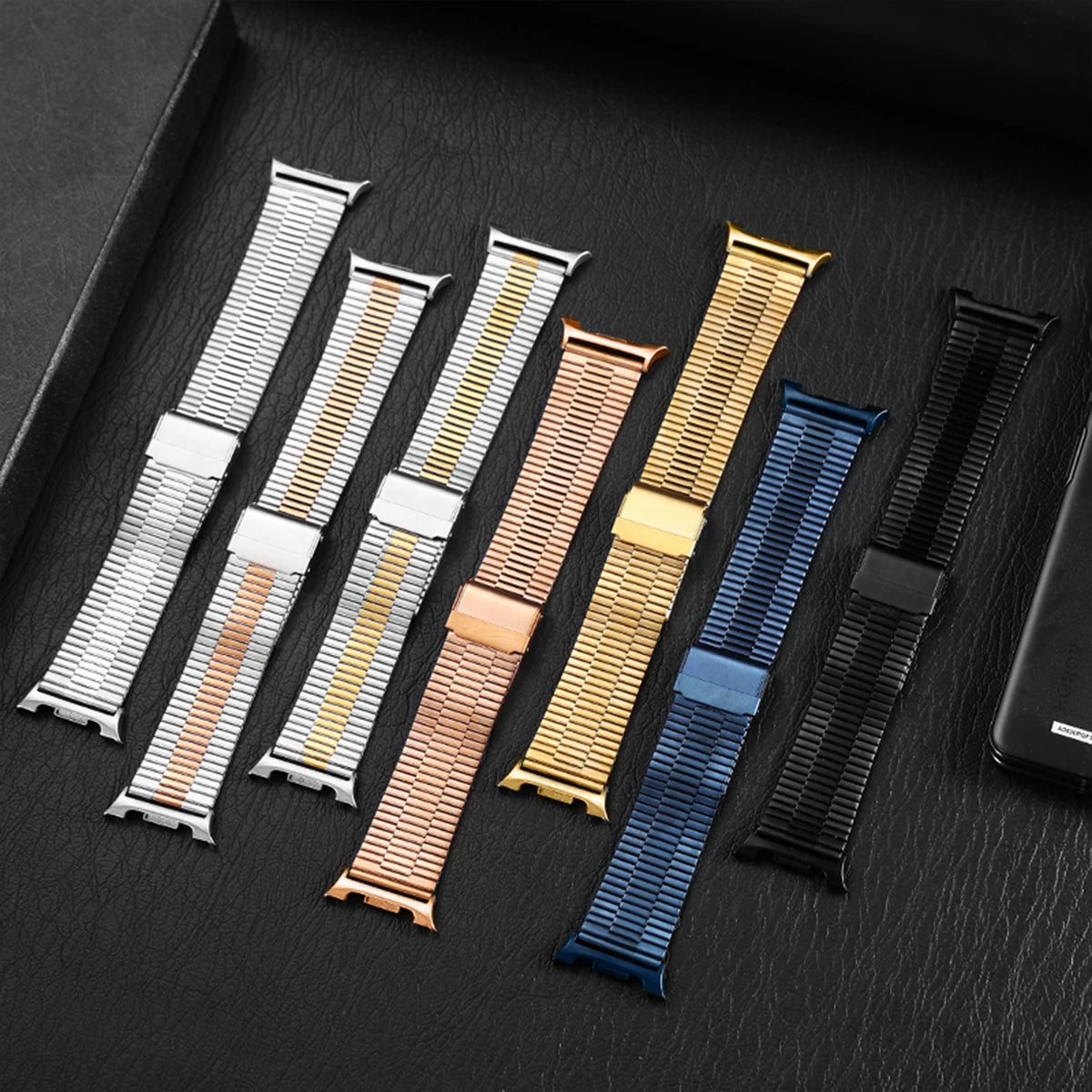 Samsung Galaxy Stainless Steel Link Watch Band - Watch8/Watch8 Classic/Watch9 Business in various colors and styles.