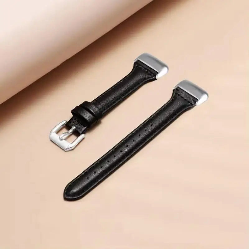 Fitbit Charge 5 Slim Leather Band - Comfortable black strap with steel buckle for smartwatch upgrade.