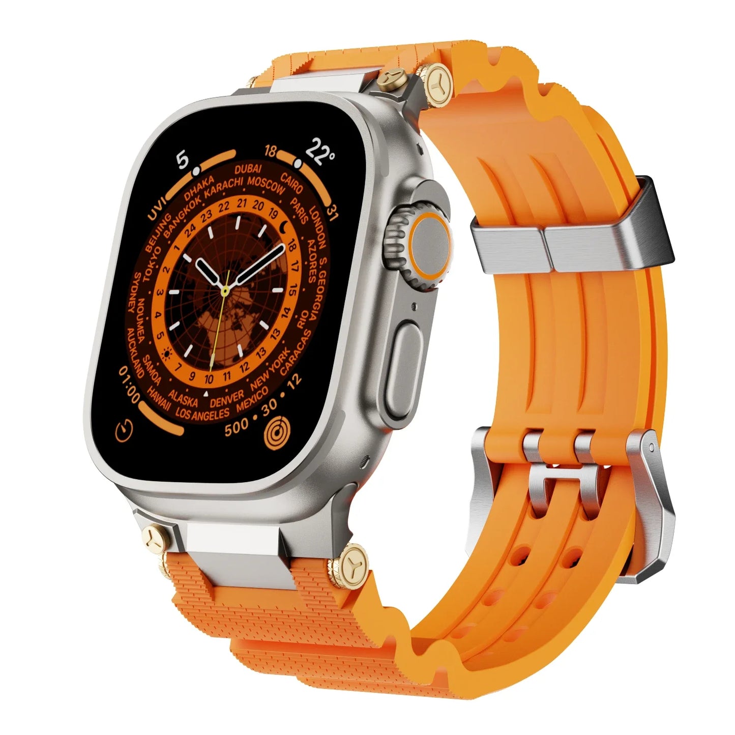 Apple Watch with orange silicone sports strap, showcasing waterproof and adjustable features for active lifestyles.