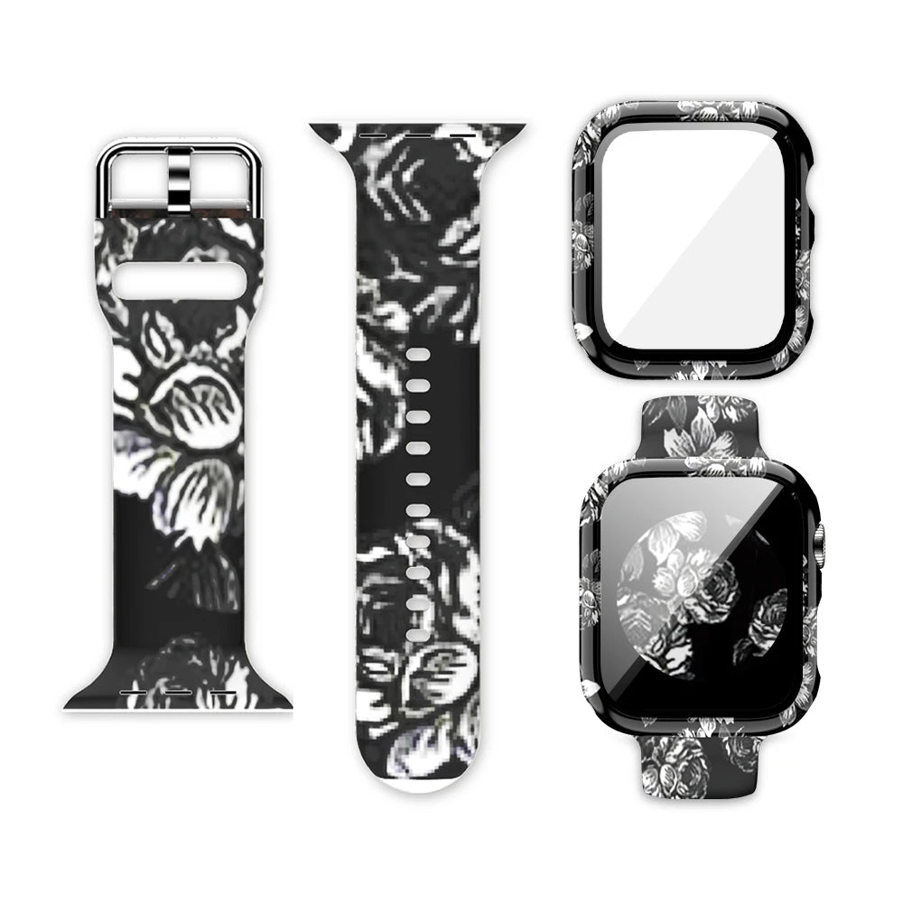 Apple Watch Silicone Strap with unique black and white floral design, showcasing style and comfort for daily wear.