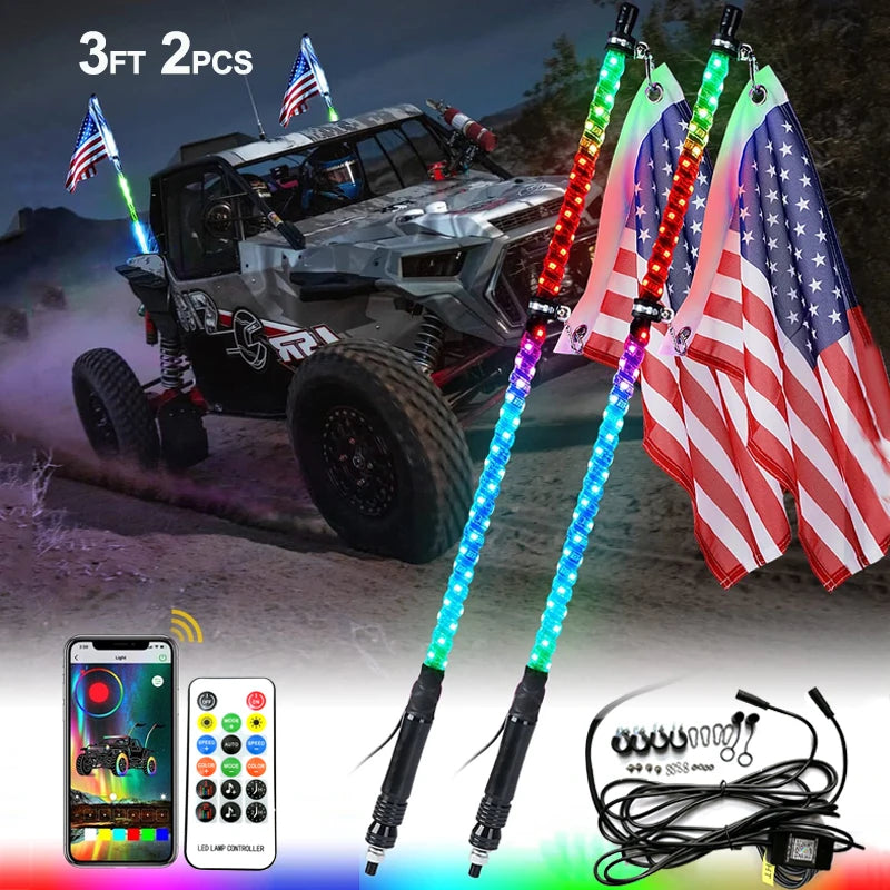 3 ft RGB LED Whip Light for Golf Carts with Remote and Flag
