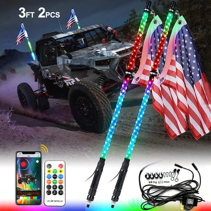 3 ft RGB LED Whip Light for Golf Carts with Remote and Flag