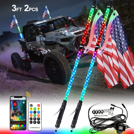 3 ft RGB LED Whip Light for Golf Carts with Remote and Flag