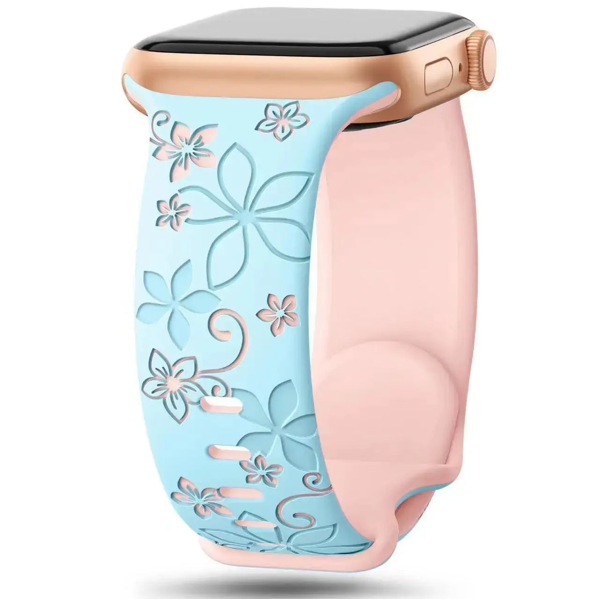 Aqua / Pink two-tone floral silicone Apple Watch band