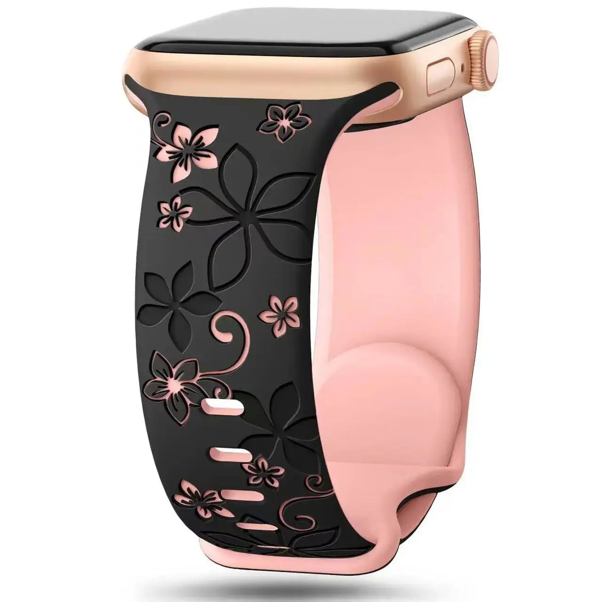 Black / Pink two-tone floral silicone Apple Watch band