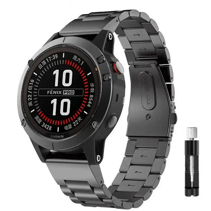 Stainless steel Garmin band for Fenix Pro smartwatch with QuickFit feature for easy changes and sleek style.
