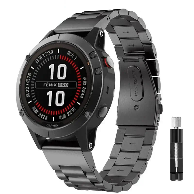 Garmin QuickFit Stainless Steel Three-Link Band in Black shown on a watch with adjustment tool