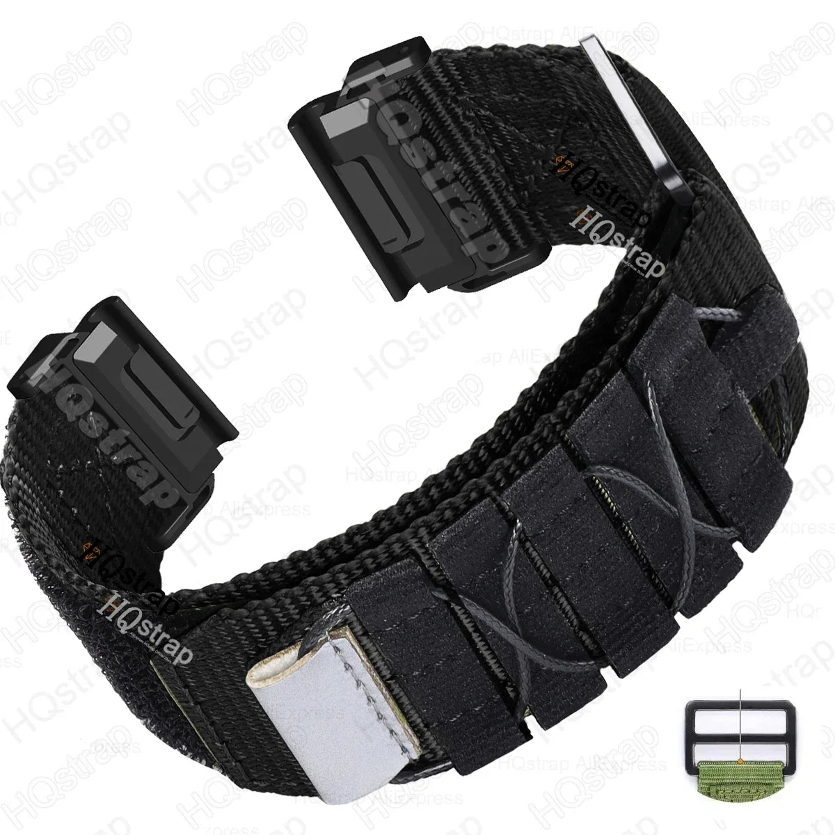 Garmin nylon replacement strap for smartwatch in durable military style, featuring adjustable quickfit design.