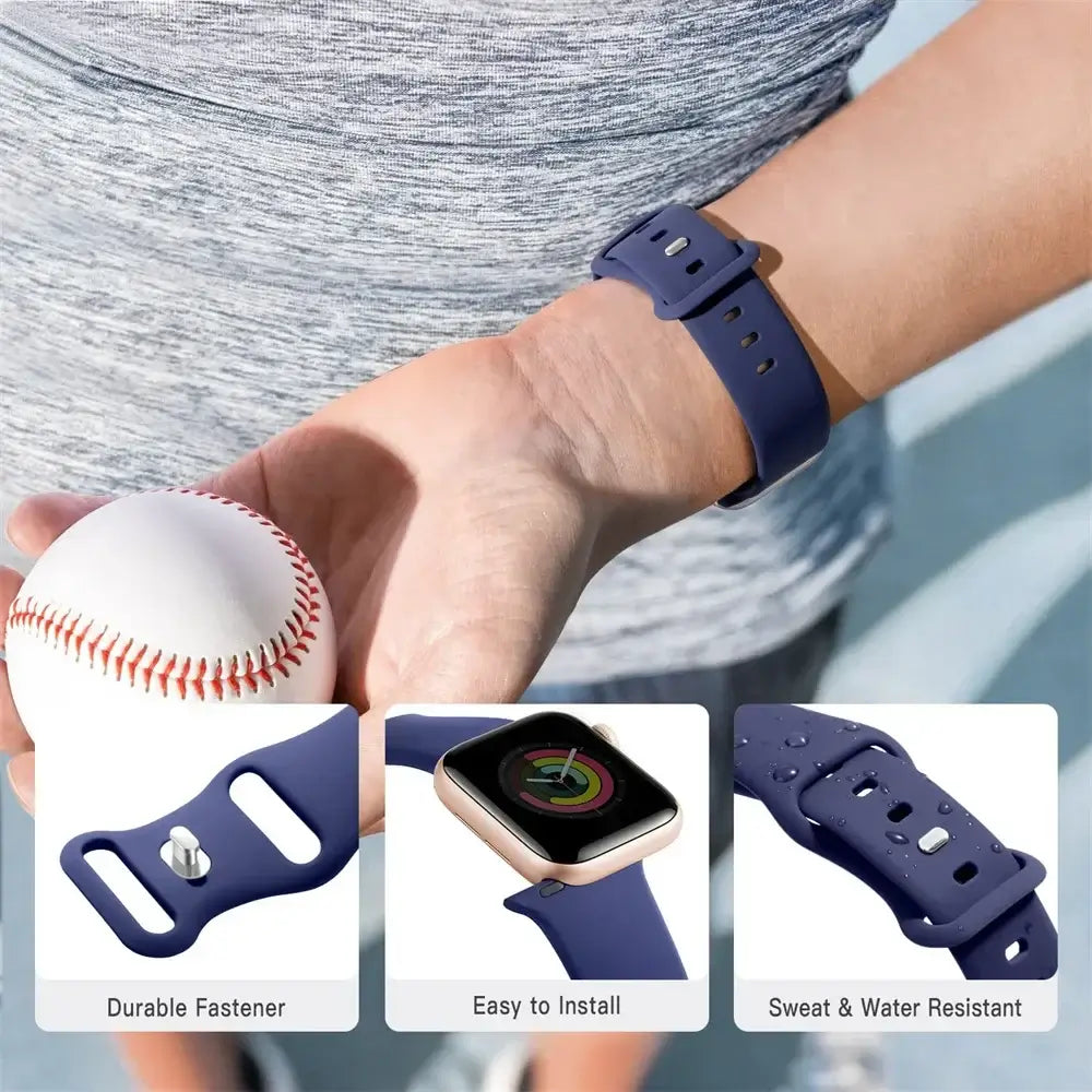 Blue silicone Apple Watch band on wrist with fastening and connector details
