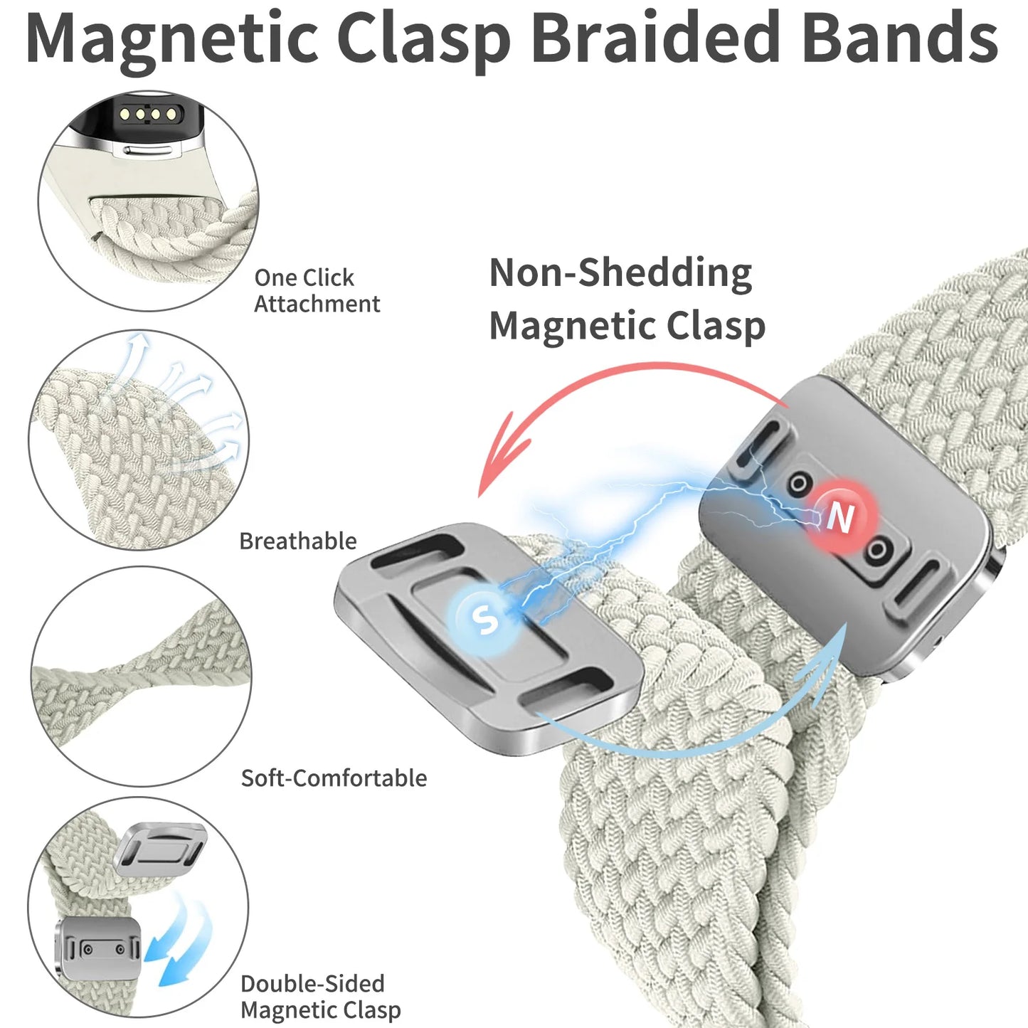 Magnetic clasp braided bands showcasing soft, breathable design, easy attachment, and double-sided magnetic clasp for Fitbit Charge 5 & 6.