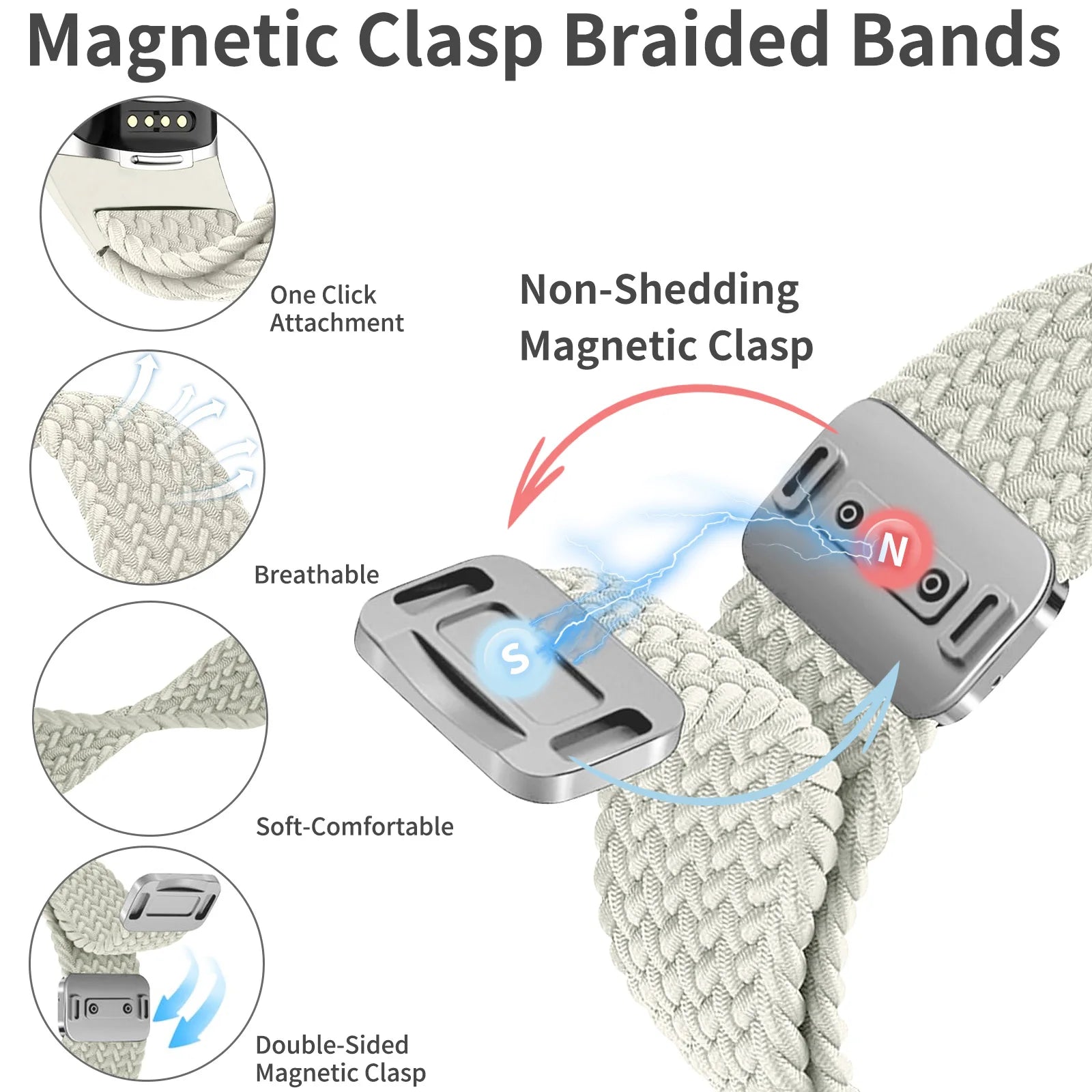 Magnetic clasp braided bands showcasing soft, breathable design, easy attachment, and double-sided magnetic clasp for Fitbit Charge 5 & 6.