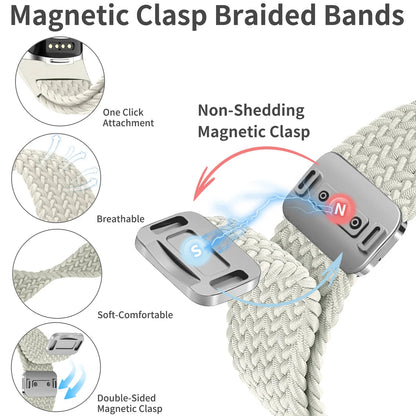 Magnetic clasp braided bands showcasing soft, breathable design, easy attachment, and double-sided magnetic clasp for Fitbit Charge 5 & 6.