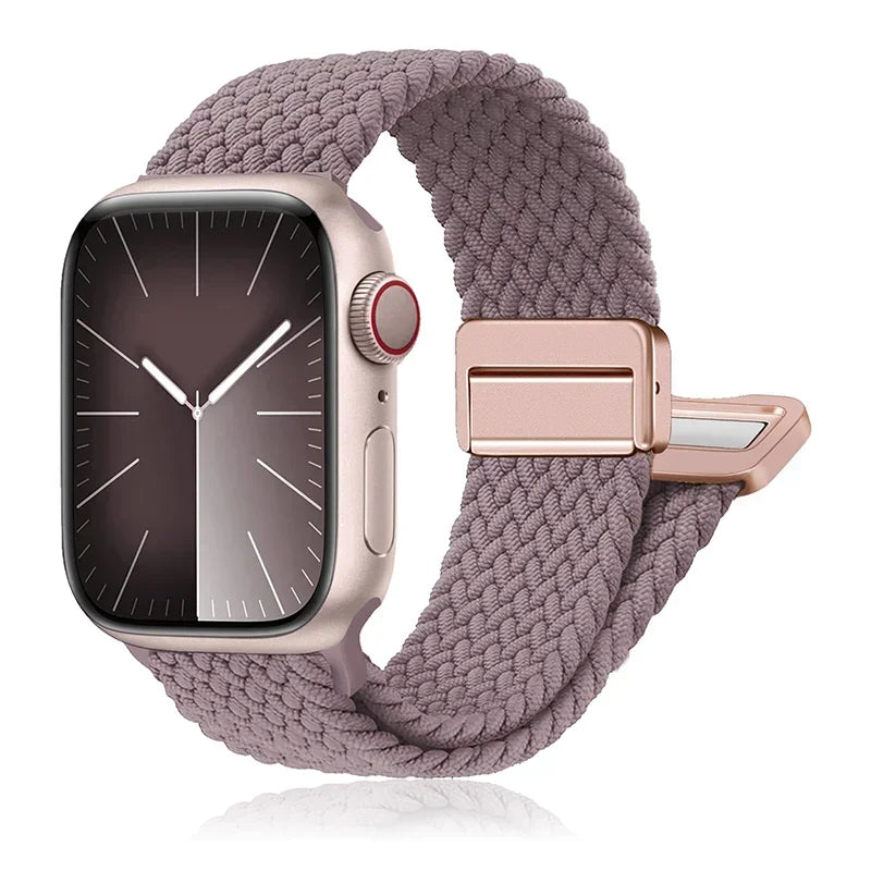 Braided nylon band for Apple Watch in soft lavender, featuring a stainless steel buckle for comfort and style.