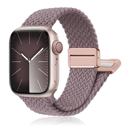 Braided nylon band for Apple Watch in soft lavender, featuring a stainless steel buckle for comfort and style.